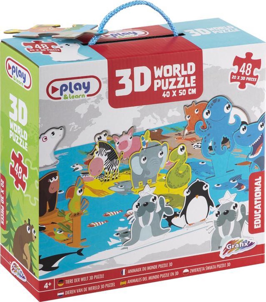 Grafix 3D Wereldpuzzel 40 X 50 CM 48 puzzelstukjes puzzel voor kinderen vanaf 4 jaar educatieve puzzel dieren