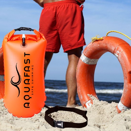 Aquafast Zwemboei met Drybag inclusief Gratis Zwembril en Oordopjes –  voor Open Water Zwemmen – Veilig Zwemmen Reddingsboei – Drybag Opbergvak – Opblaasbare Veiligheidsboei – Oranje - Aquafast