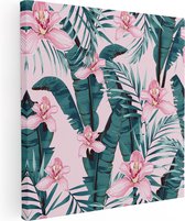 Artaza Canvas Schilderij Tropische Roze Zomer Bloemen Met Bladeren - 80x80 - Groot - Foto Op Canvas - Canvas Print