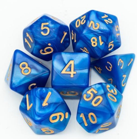 Thumbnail van een extra afbeelding van het spel Genvi Dobbelstenen Set blauw met gouden letters
