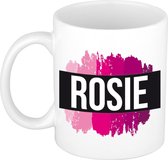 Rosie  naam cadeau mok / beker met roze verfstrepen - Cadeau collega/ moederdag/ verjaardag of als persoonlijke mok werknemers