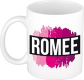 Romee naam cadeau mok / beker met roze verfstrepen - Cadeau collega/ moederdag/ verjaardag of als persoonlijke mok werknemers