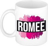 Romee  naam cadeau mok / beker met roze verfstrepen - Cadeau collega/ moederdag/ verjaardag of als persoonlijke mok werknemers