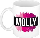 Molly  naam cadeau mok / beker met roze verfstrepen - Cadeau collega/ moederdag/ verjaardag of als persoonlijke mok werknemers