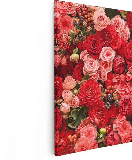 Artaza Canvas Schilderij Rode En Roze Bloemen Met Fruit - Abstract - 80x120 - Groot - Foto Op Canvas - Canvas Print