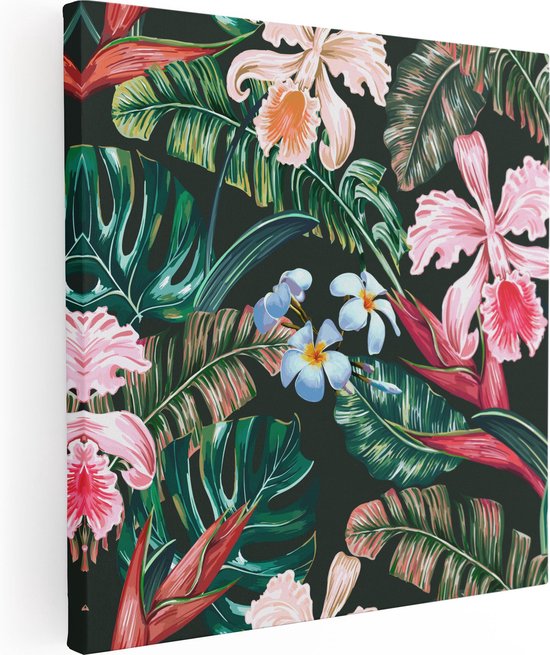 Artaza Canvas Schilderij Getekende Tropische Bloemen - Abstract - 90x90 - Groot - Foto Op Canvas - Canvas Print