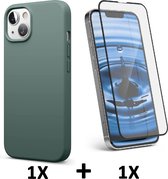 iPhone 13 Hoesje Groen & Volledige Glazen Screenprotector - Siliconen Back Cover