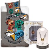 Harry Potter Zweinstein Color Logo- grijs Dekbedovertrek - Eenpersoons - 140x200 cm -katoen- Reversible- kussen 65x65cm, incl. Golden Snitch Lamp