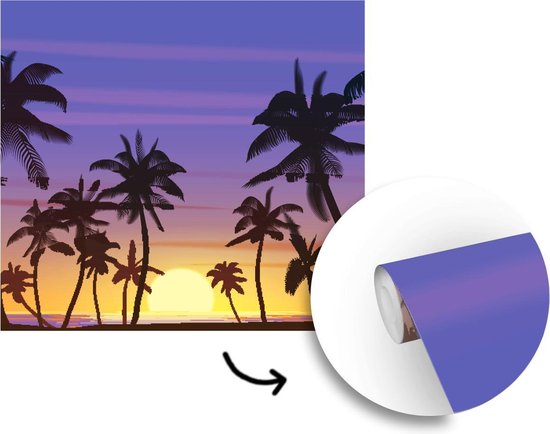 Behang - Fotobehang Zon - Palmboom - Zee - Breedte 220 cm x hoogte 220 cm