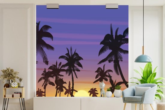 Behang - Fotobehang Zon - Palmboom - Zee - Breedte 220 cm x hoogte 220 cm