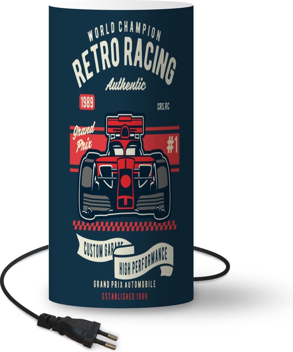 Lamp - Nachtlampje - Tafellamp slaapkamer - Raceauto - Vintage - Rood - Tekening - 33 cm hoog - Ø15.9 cm - Inclusief LED lamp
