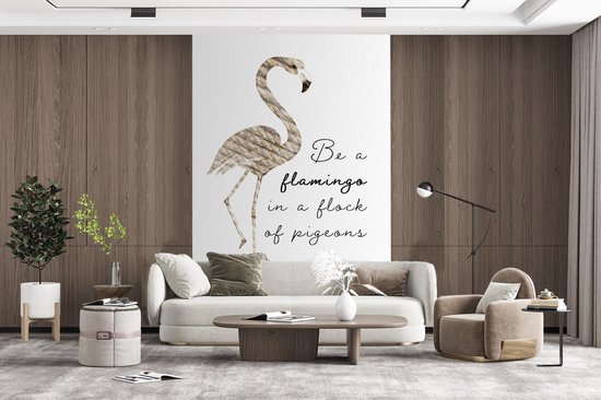 Citation 'Soyez un flamant rose dans un troupeau de pigeons' et un flamant rose en corde sur fond blanc 195x300 cm