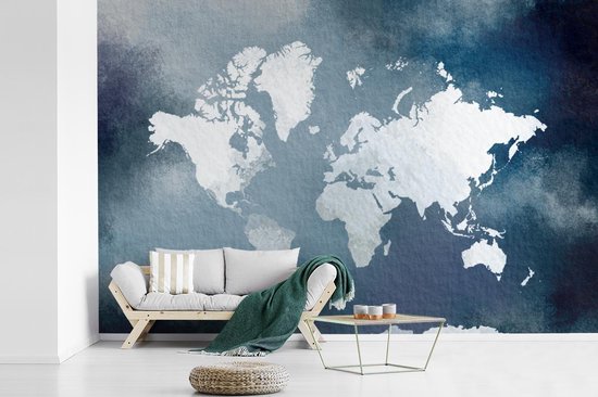 Carte du monde de couleur claire sur fond d'aquarelle bleue 450x300 cm