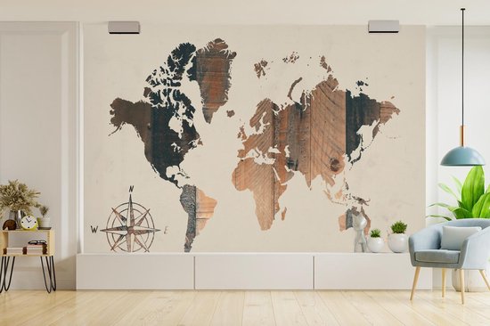 Wereldkaart du bois foncé avec une rose des vents sur fond rose | Wereldkaart en bois 390x260 cm