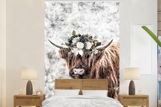 Papier peint - Papier peint photo Scottish Highlander - Zwart - Wit - Fleurs - Largeur 145 cm x hauteur 220 cm