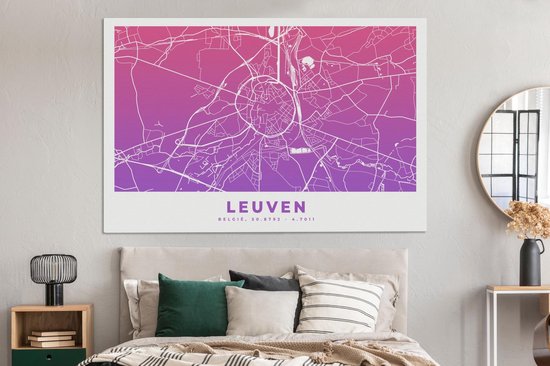Tableau sur toile Carte de ville - Louvain - België - Violet - 180x120 cm - Décoration murale XXL