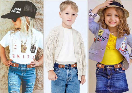 Collage van drie kinderen die verschillende outfits dragen met blauwe elastische riemen met bruine gespen.
