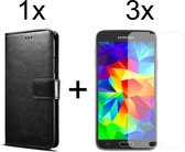 Samsung S5 Hoesje - Samsung Galaxy S5 hoesje bookcase met pasjeshouder zwart wallet portemonnee book case cover - 3x Samsung S5 screenprotector