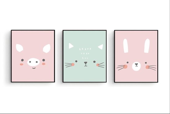 Poster Set 3 Biggetje Poesje Konijn hoofd Dieren - Kinderkamer - Dierenposter - Babykamer / Kinderposter - Babyshower Cadeau - Muurdecoratie - 50x40cm - Postercity