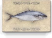 tonijn op soft beige achtergrond  - niet van echt te onderscheiden schilderijtje op hout - tonijn in 6 talen -  Laqueprint
