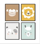 Poster Set 4 Aapje Leeuw Panda Alpaca Hoofd Dieren - Kinderkamer - Dierenposter - Babykamer / Kinderposter - Babyshower Cadeau - Muurdecoratie - 40x30cm / A3- Postercity