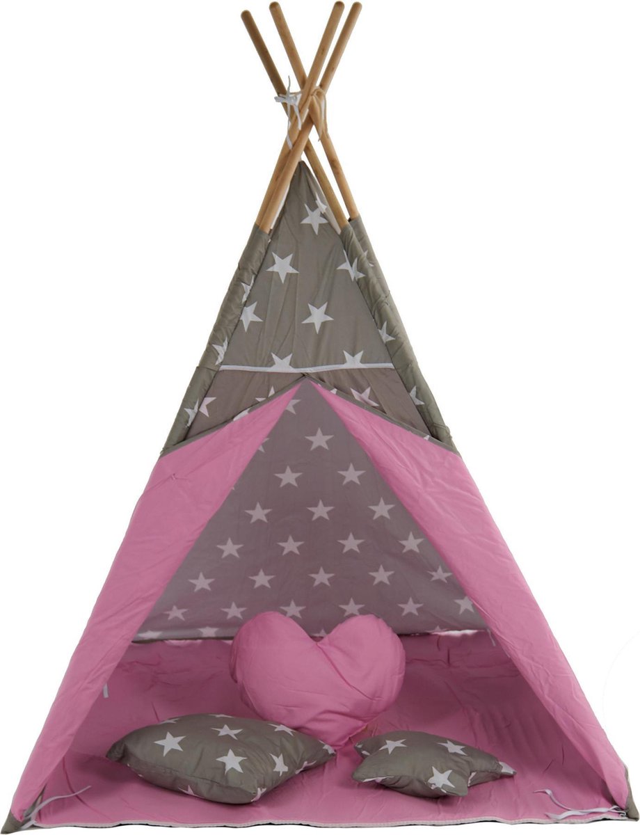 Speeltent - Tipi Tent - Met Grondkleed & Kussens - Speelhuisje - Tent voor kinderen - Grijs-Roze — afbeelding 6
