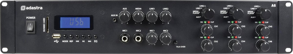 Adastra A6 multi-zone stereo PA versterker 6x 200W met mediaplayer, BT en microfoon aansluiting