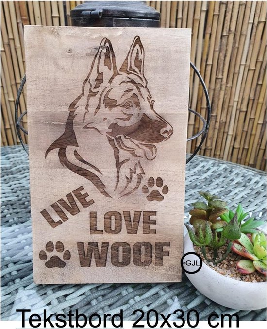Houten Tekstbord Spreukenbord Herder Hond Live Love Woof Cadeau Geschenk Verjaardag Wand Decoratie Gelaserd Handgemaakt