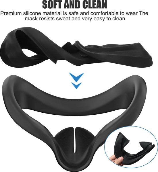 Zwarte siliconen VR-masker met de tekst SOFT AND CLEAN, zacht en comfortabel om te dragen.