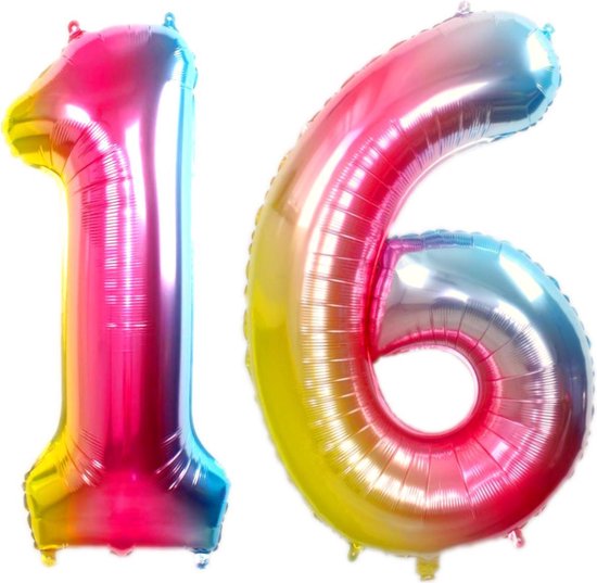 Ballon Cijfer 16 Jaar Regenboog Verjaardag Versiering Cijfer Helium Ballonnen Regenboog Feest Versiering 70 Cm Met Rietje