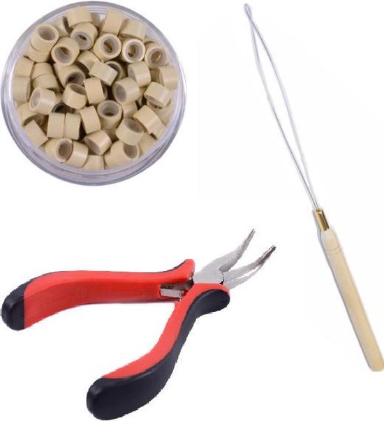 Combi-set Microring met silicone 100 stuks (Blond) + microring loop + Extension tang / microring inzettang
