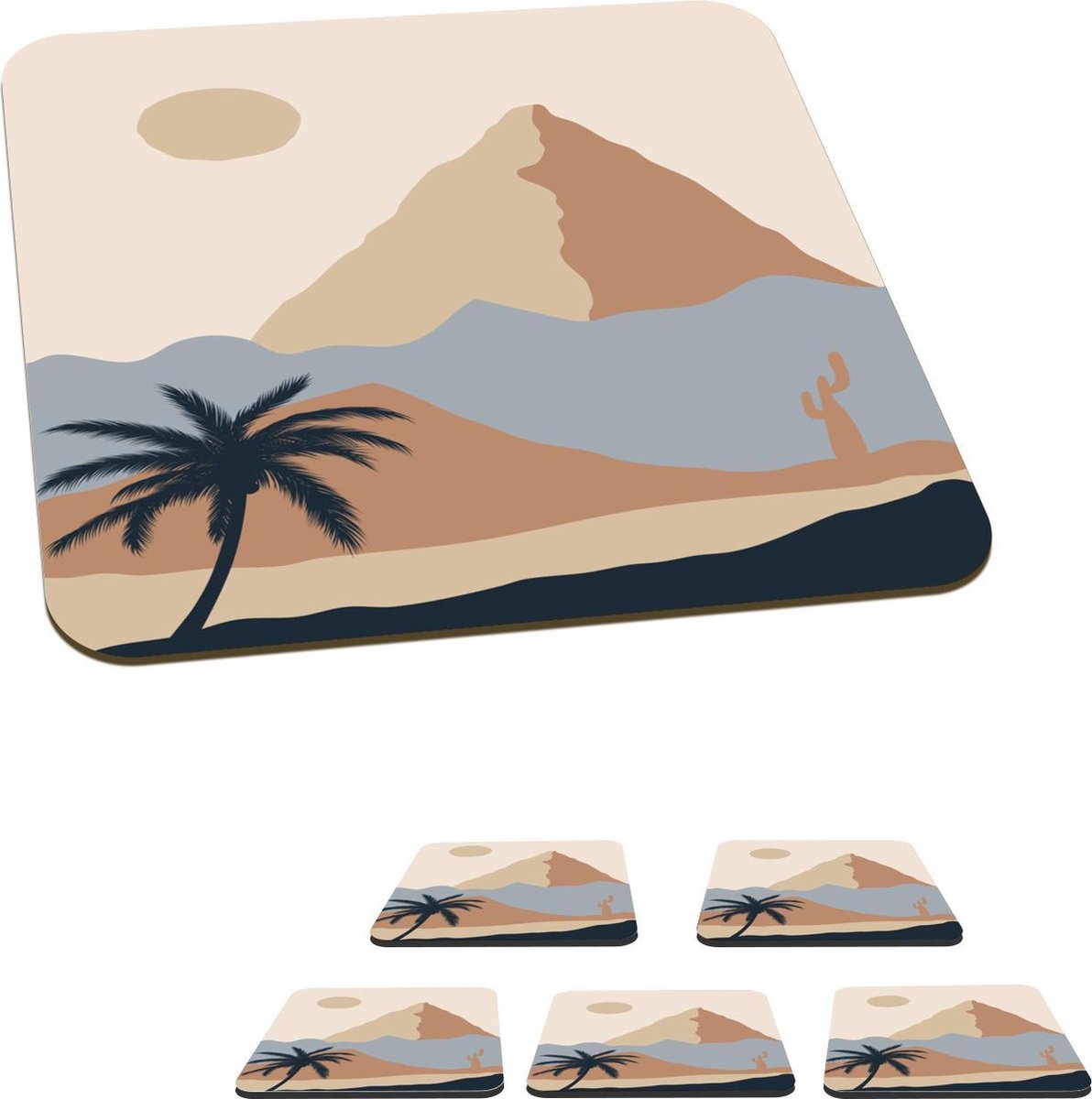 Onderzetters voor glazen - Pastel - Woestijn - Zon - 10x10 cm - Glasonderzetters - 6 stuks