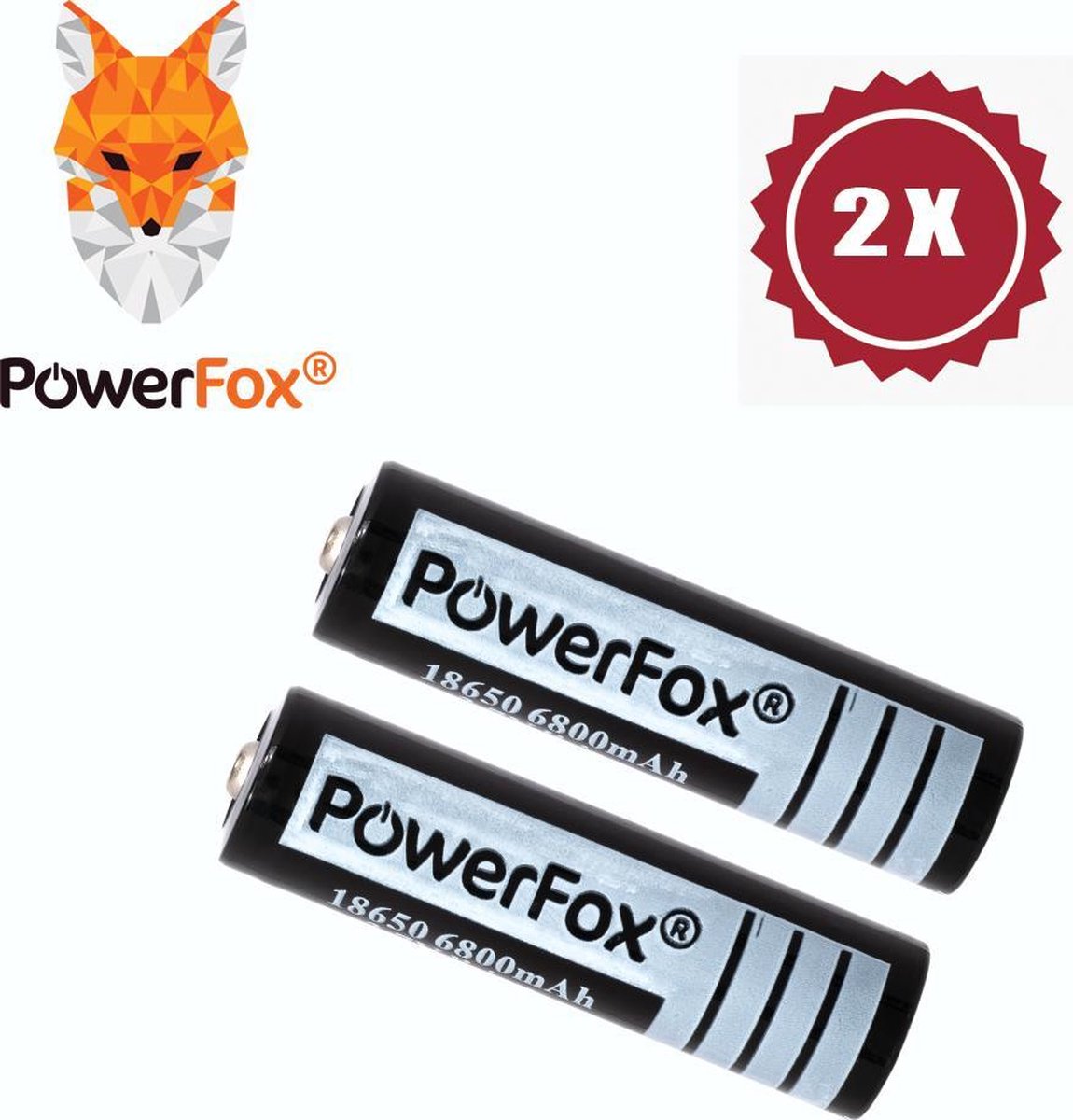 PowerFox® 2x 18650 Lithium batterij 3,7V 6800mAh oplaadbare batterij zwart