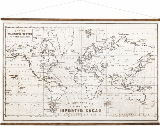 Vintage Wanddoek Wereldkaart - Zwart/Wit - Hout & Stof - Canvas Stof Groot - 110x73 cm - Textielposter - Muurdoek