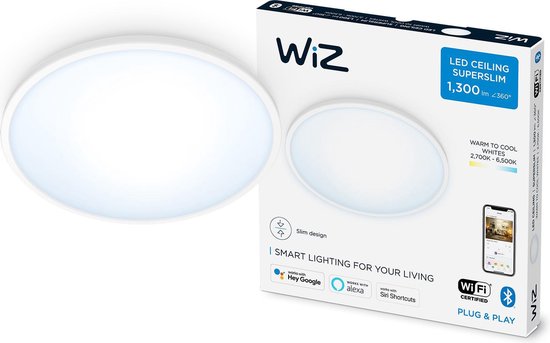 WiZ Plafonnier Superslim 14 W, Éclairage de plafond intelligent, Wi-Fi/Bluetooth, Blanc, LED, Ampoule(s) non remplaçable(s), 2700 K