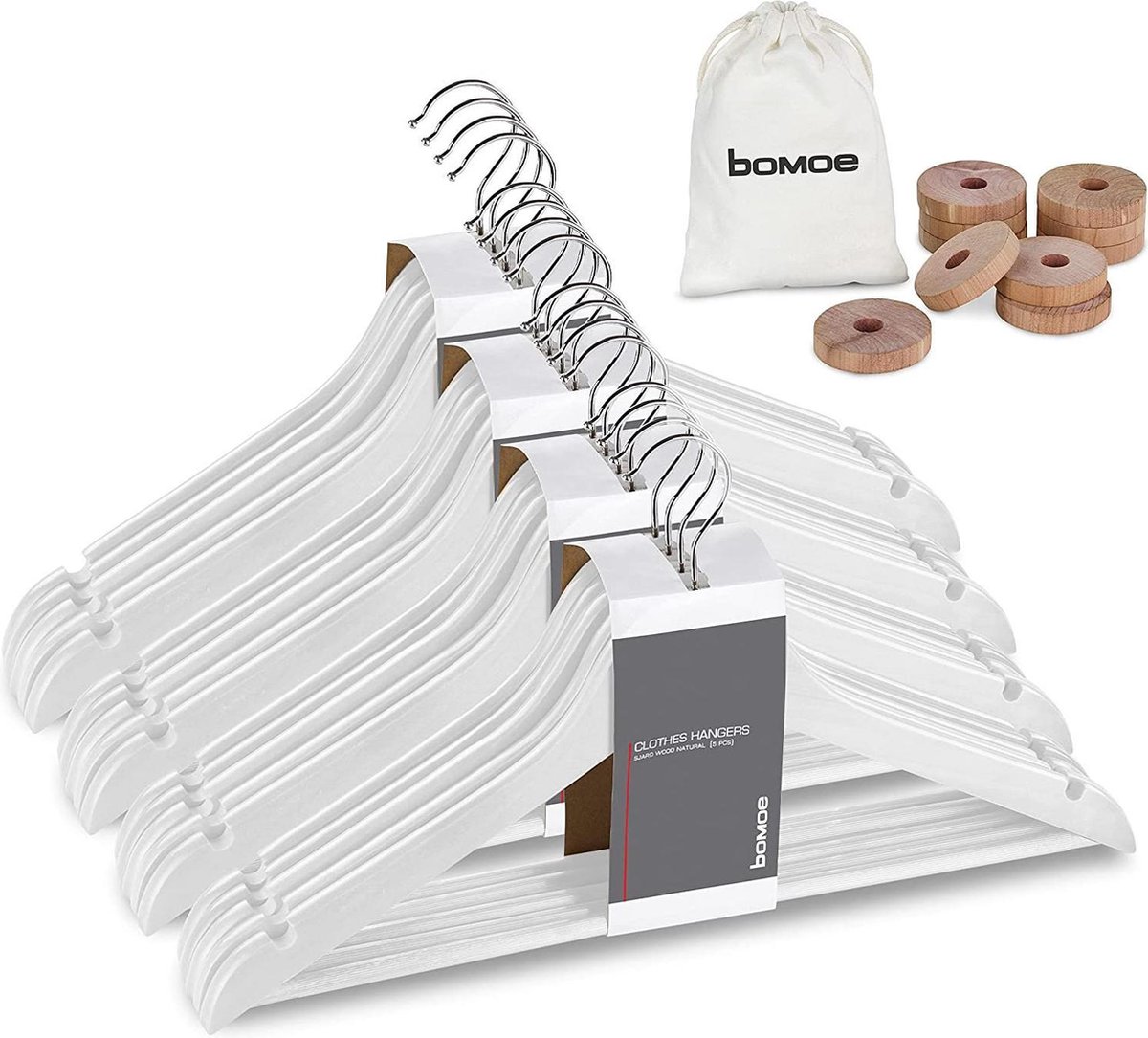 bomoe Sjard Houten Kledinghanger Set van 20 stuks - Wit - 360° Draaibaar Kleerhangers met Broeklat FSC® Gecertificeerd anti-slip ruimtebesparende Hangers broekhanger hout hanger