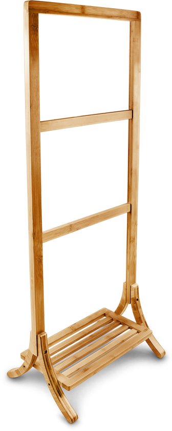 Houten rek met drie stangen en een plank met lamellen.