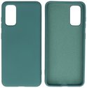 Étui de téléphone vert foncé, avant et arrière montrés. Découpe rectangulaire pour appareil photo.