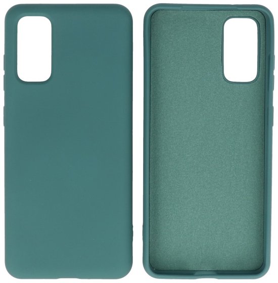 Étui de téléphone vert foncé, avant et arrière montrés. Découpe rectangulaire pour appareil photo.