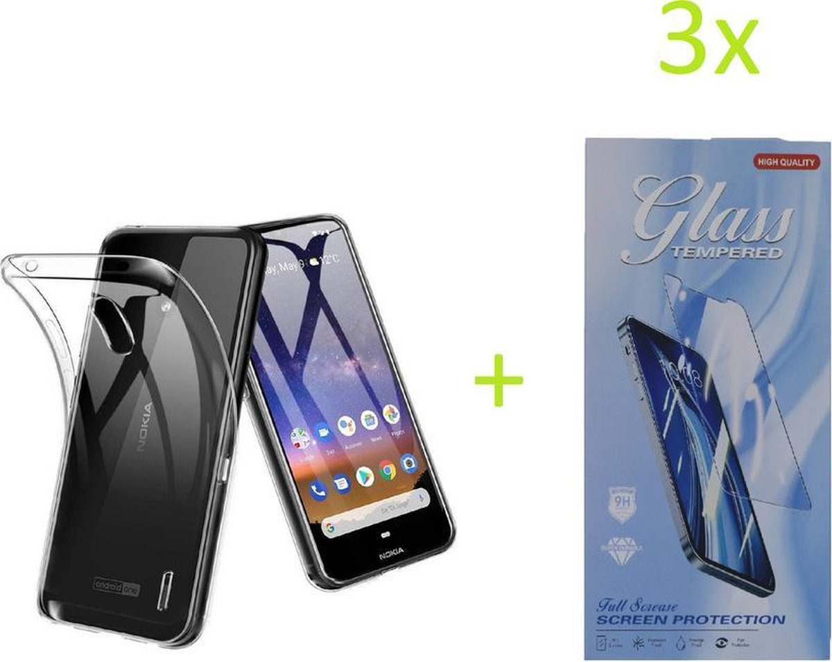 Hoesje Geschikt voor: Nokia 2.2 Transparant TPU silicone Soft Case + 3X Tempered Glass Screenprotector