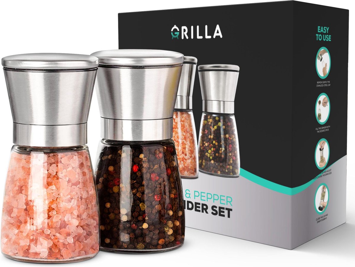 Grilla Peper en Zoutmolen Set - Zout en Peperstel - Zoutvaatje en Pepermolen - RVS - 14 cm