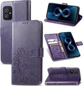 Voor Asus Zenfone 8 ZS590KS Vier-blad Sluiting Reliëf Gesp Mobiele Telefoon Bescherming Lederen Case met Lanyard & Card Slot & Portemonnee & Beugel Functie (Paars)