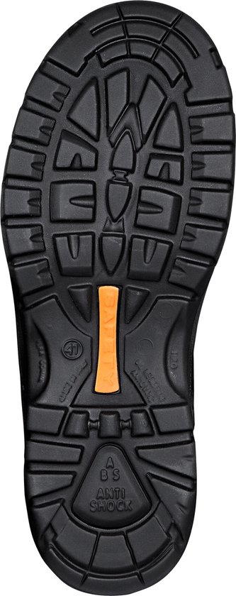 Zool van een zwarte Grisport werkschoen, maat 41, met profiel en 'Anti Shock' aanduiding.