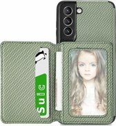 Voor Samsung Galaxy S21 5G Koolstofvezel Magnetische Kaart Tas TPU + PU Shockproof Cover Case met Houder & Card Slot & Fotolijst (Groen)