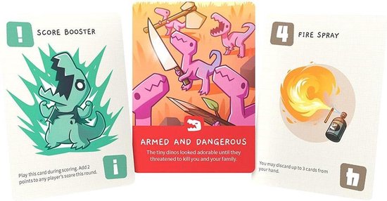 Drie kaarten van Happy Little Dinosaurs: score booster, gewapende dinosauriërs en vuurspuit.