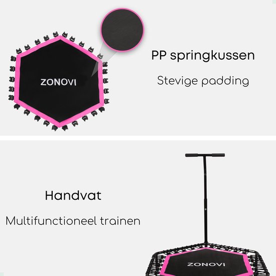 Close-up van de roze rand en het springdoek van een hexagonale trampoline, met handvat.