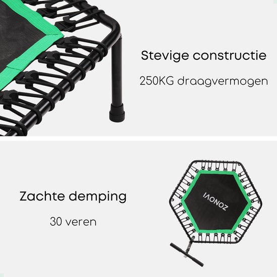 Close-up van de stevige constructie van een zwart-groene trampoline met 250kg draagvermogen en 30 veren.