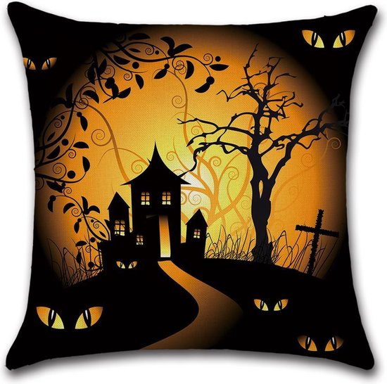 Kussenhoes Halloween - Hounted House - Kussenhoes - Halloween - 45x45 cm - Sierkussen - Polyester