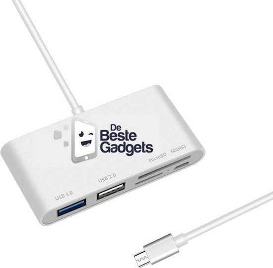 USB-C Cardreader Kleur: Zilver - USB-C Hub - 2xUSB (2.0 + 3.0) , SD kaart, Micro SD (Hoge capaciteit), Micro USB - Android Cardreader - Kaartlezer - Camera Connection Kit - De Beste Gadgets