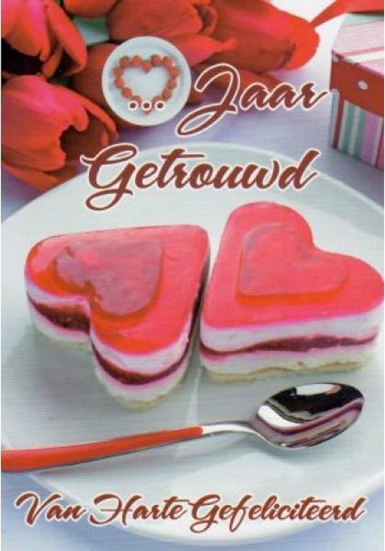 … jaar getrouwd! Van harte gefeliciteerd! Een luxe wenskaart met rode tulpen en twee gebakjes. Vul zelf het aantal jaren in. Een dubbele wenskaart…